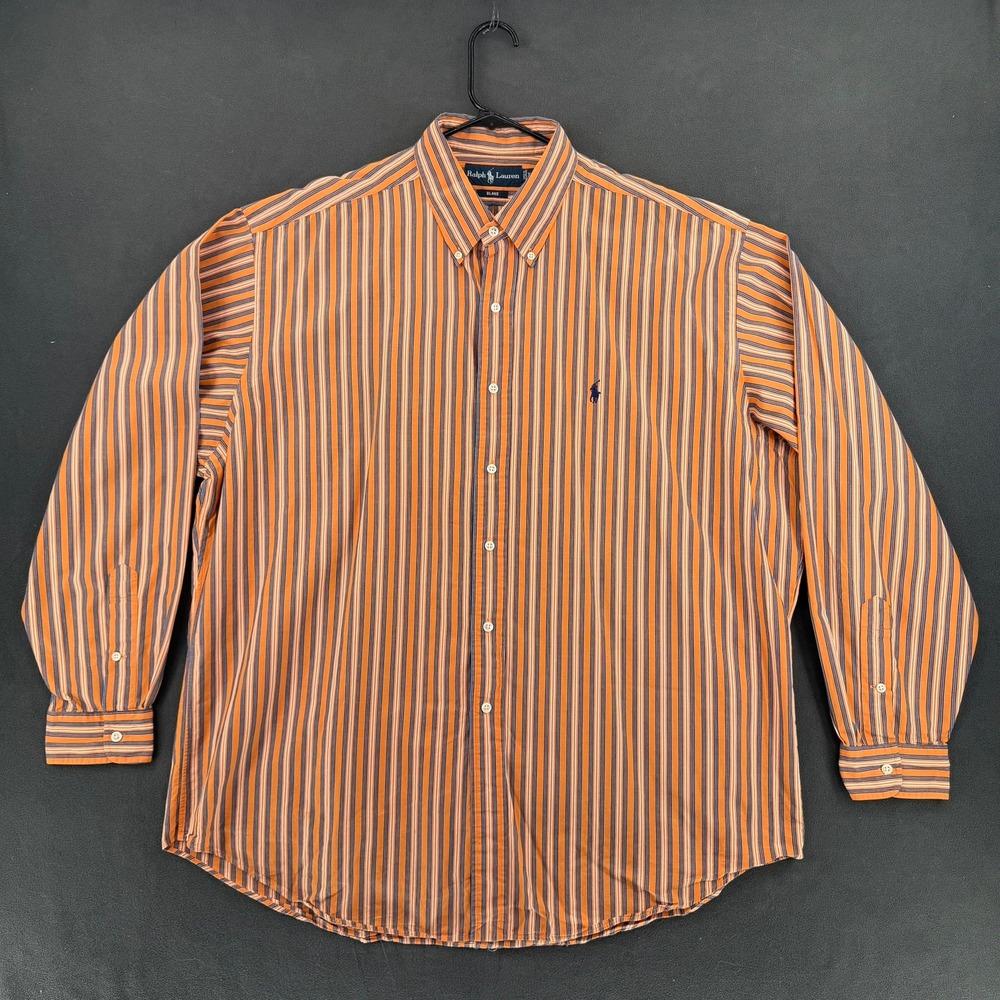 Ralph Lauren Blake Mens XL Orange Navy Blue Striped Button Down Cotton Shirt